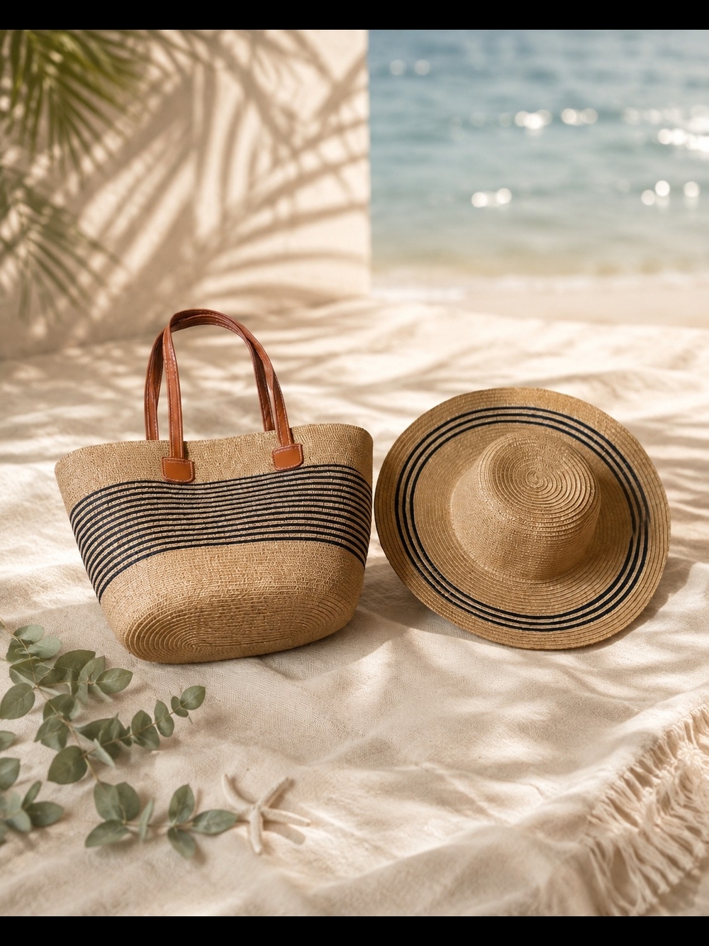 2- Piece Straw Beach Tote  & Hat with Black Stripe and Leather Handles